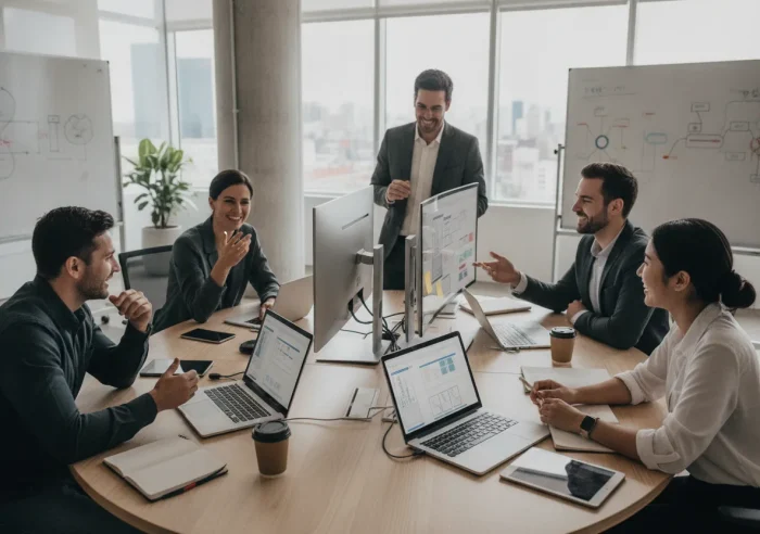 Professional software development team in a modern office